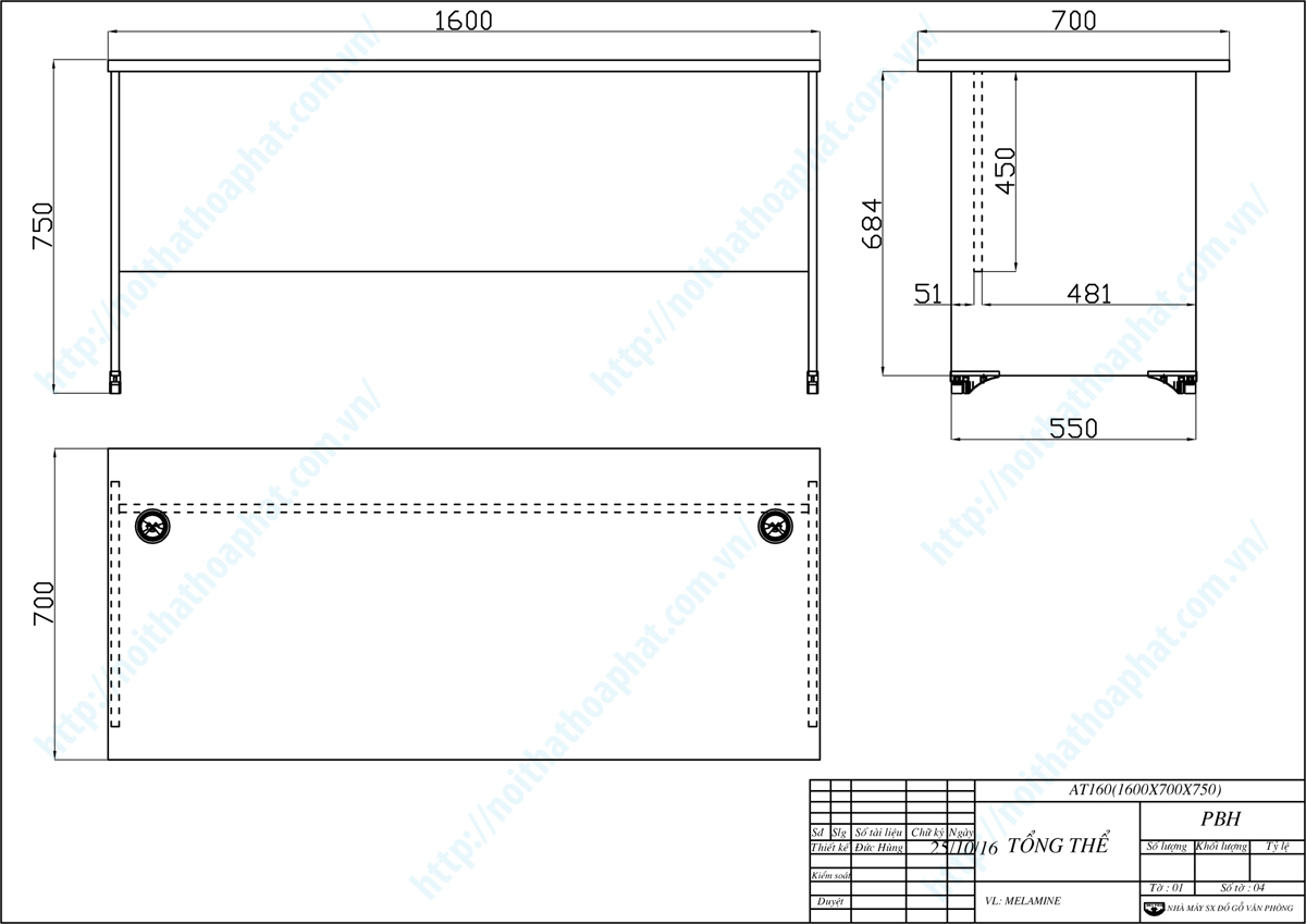 Bản vẽ thiết kế tổng thể b&agrave;n nh&acirc;n vi&ecirc;n 1m6 AT160