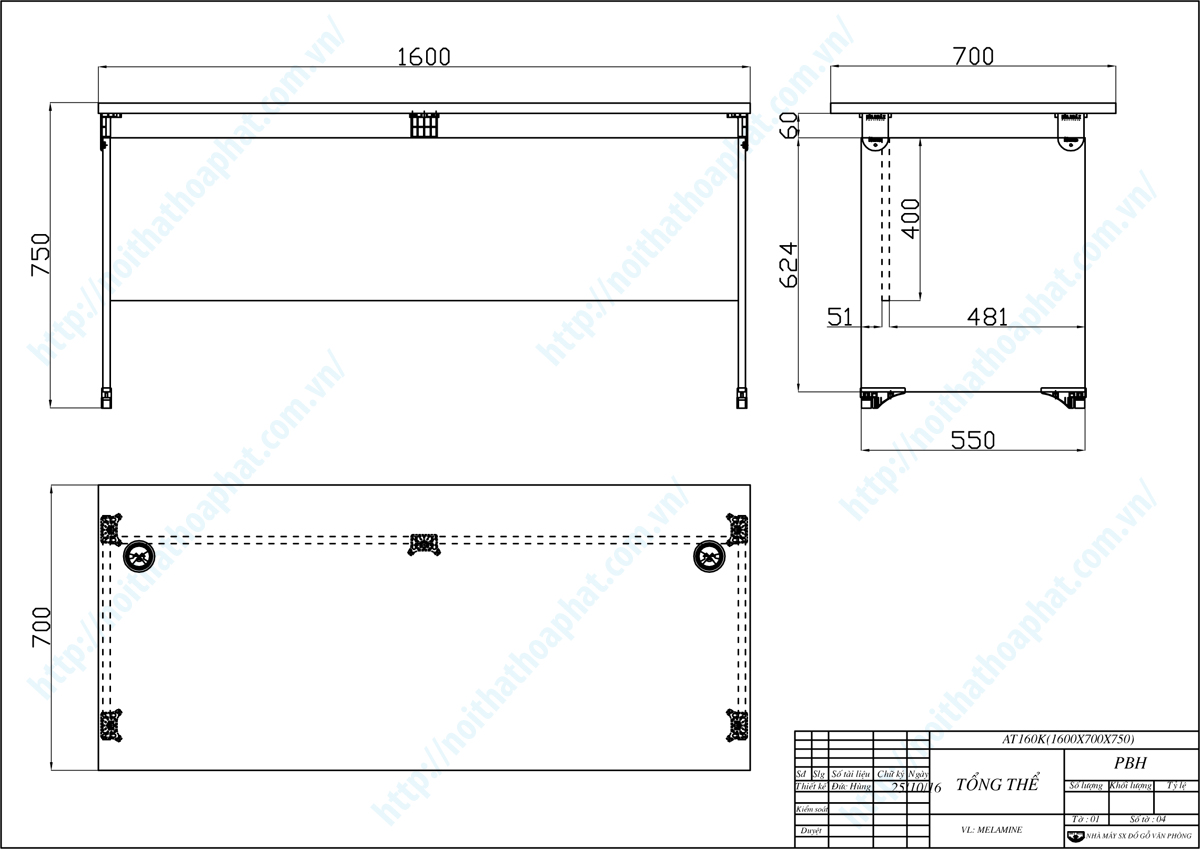 Bản vẽ thiết kế tổng thể b&agrave;n l&agrave;m việc văn ph&ograve;ng 1m6 AT160K