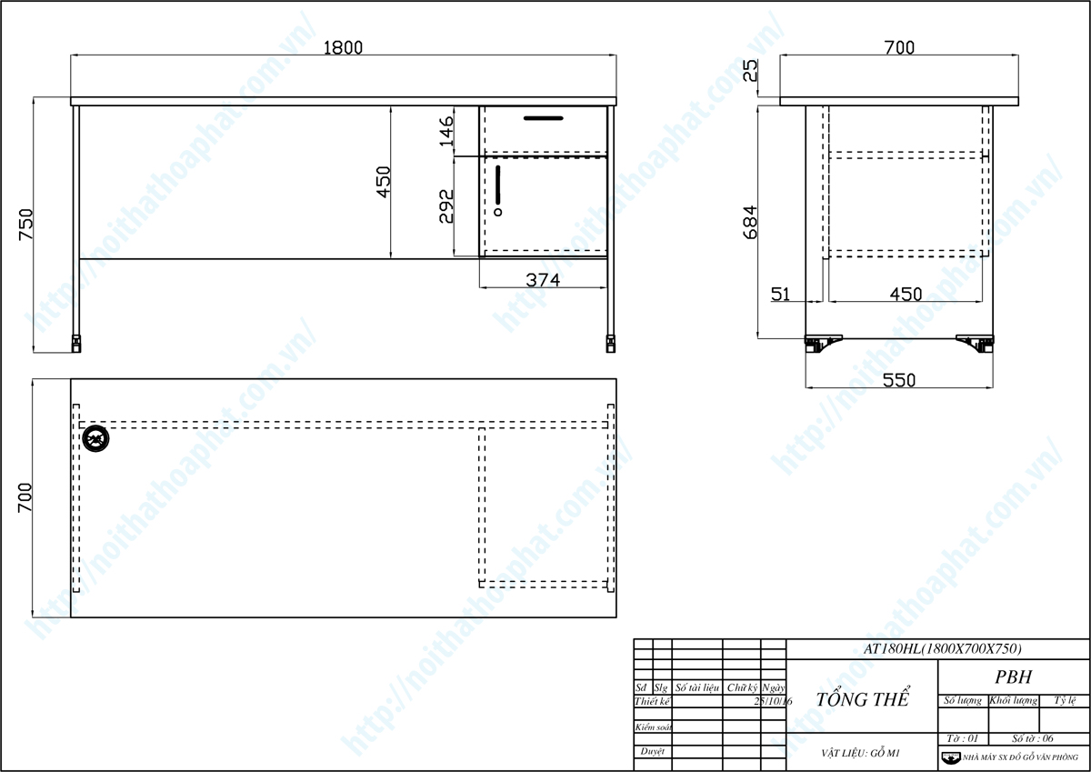 Bản vẽ thiết kế tổng thể b&agrave;n l&agrave;m việc hộc treo 1m8 AT180HL