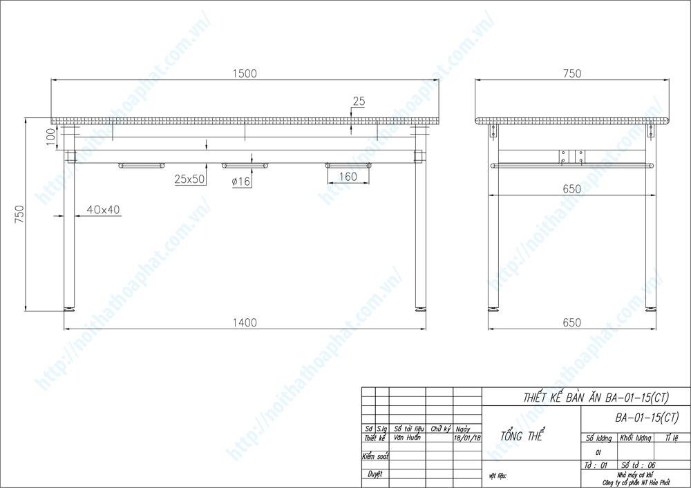 Bản vẽ thiết kế tổng thể b&agrave;n ăn c&ocirc;ng nh&acirc;n 1m5 BA01-15