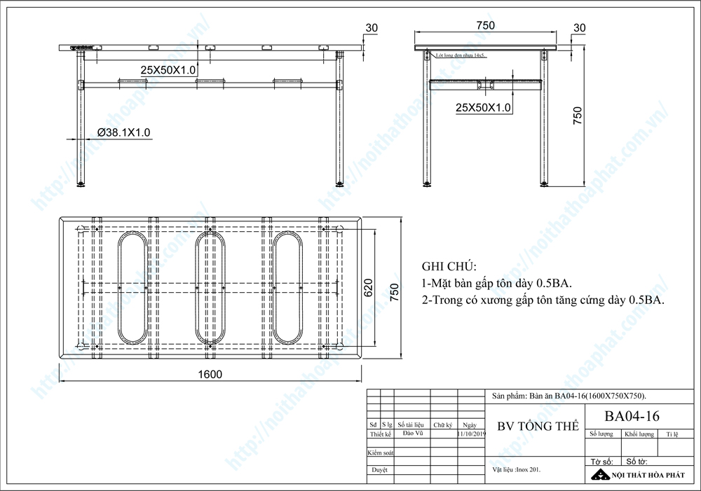 Bản vẽ thiết kế tổng thể b&agrave;n ăn Inox 1m6 BA04I16
