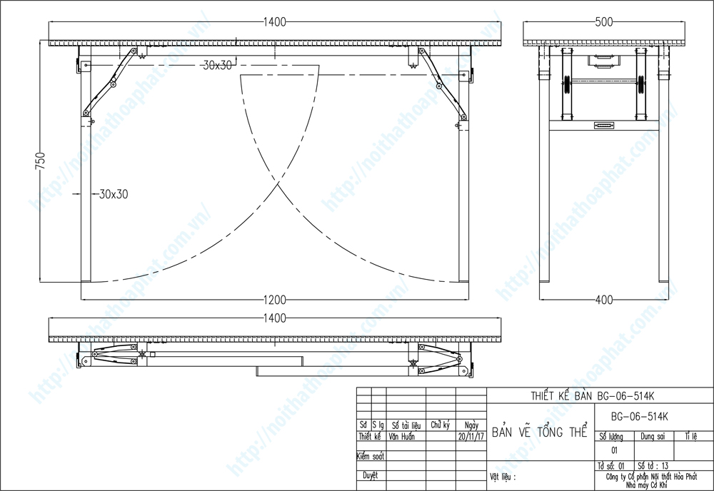 Bản vẽ thiết kế tổng thể b&agrave;n gấp ch&acirc;n sắt 1m4 BG06-514