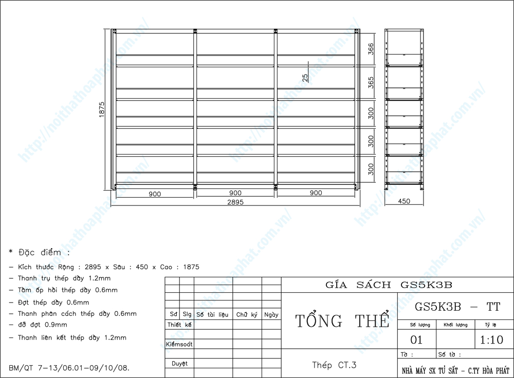 Bản vẽ thiết kế tổng thể kệ sắt 5 tầng GS5K3B