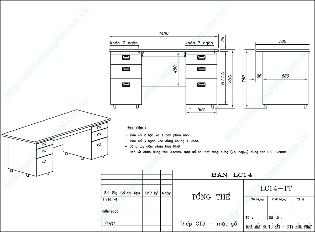 Bản vẽ thiết kế tổng thể b&agrave;n ch&acirc;n sắt 1m4 LC14
