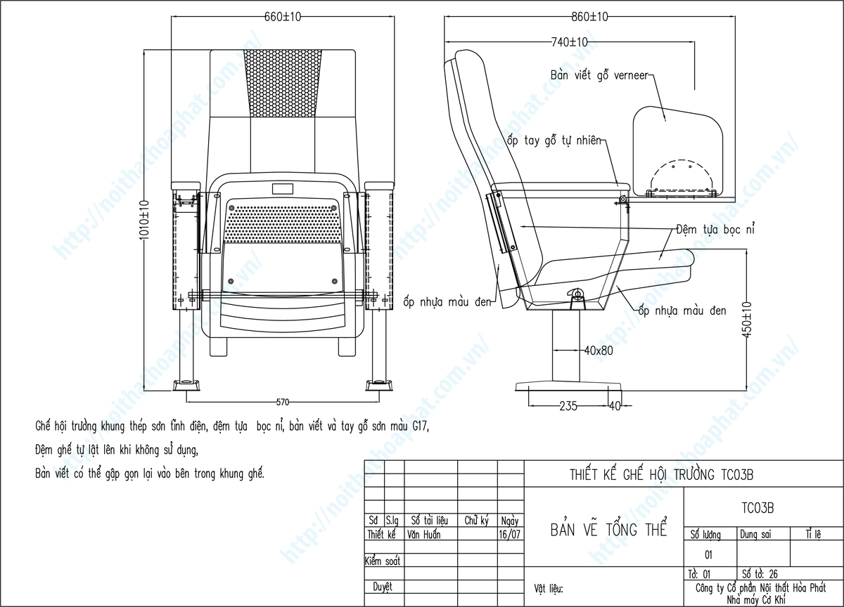 Bản vẽ thiết kế tổng thể ghế hội trường c&oacute; b&agrave;n viết TC03B