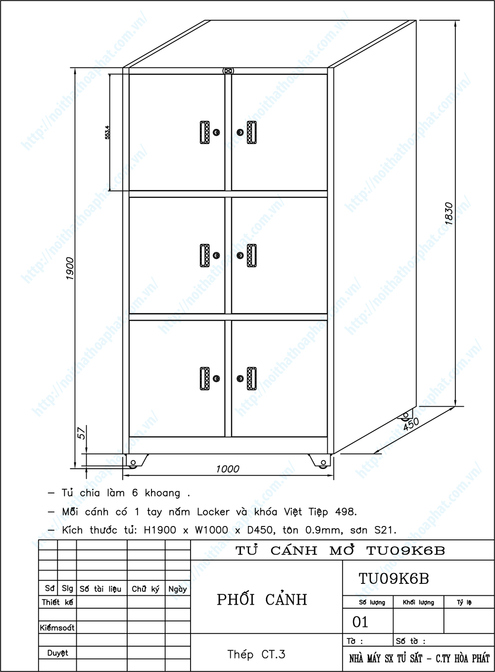 Bản vẽ thiết kế tổng thể tủ sắt an to&agrave;n 6 khoang TU09K6B