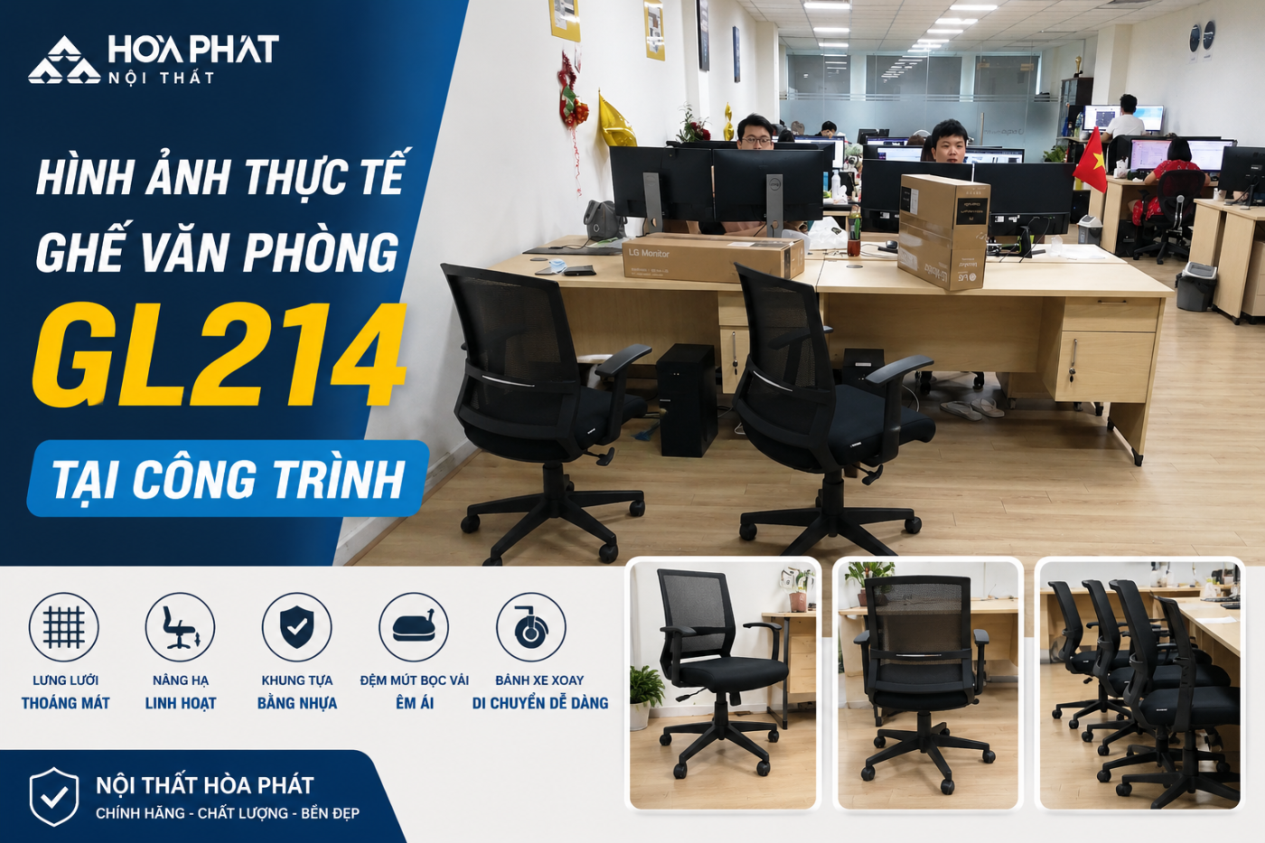 H&igrave;nh Ảnh Thực Tế Ghế Văn Ph&ograve;ng H&ograve;a Ph&aacute;t GL214 Tại C&ocirc;ng Tr&igrave;nh