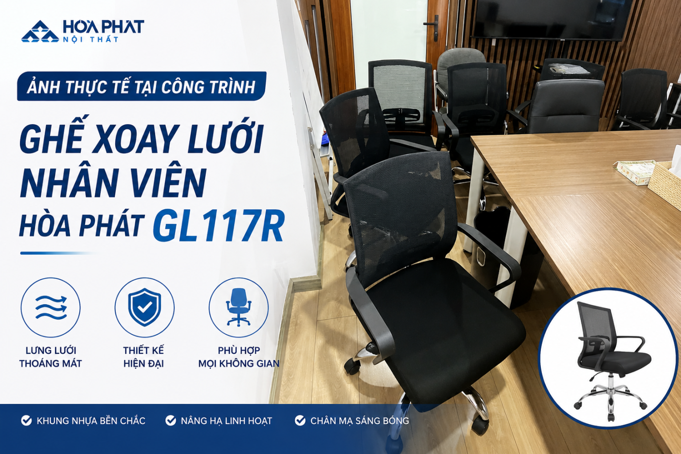 H&igrave;nh ảnh thực tế ghế xoay lưới nh&acirc;n vi&ecirc;n h&ograve;a ph&aacute;t GL117R