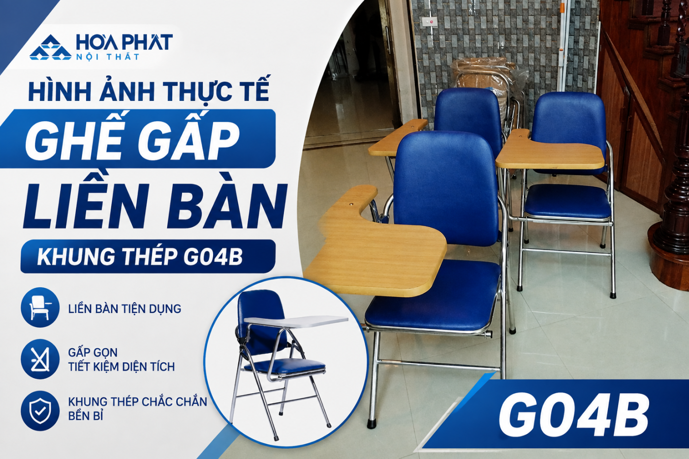 H&igrave;nh ảnh thực tế ghế gấp liền b&agrave;n khung th&eacute;p G04B
