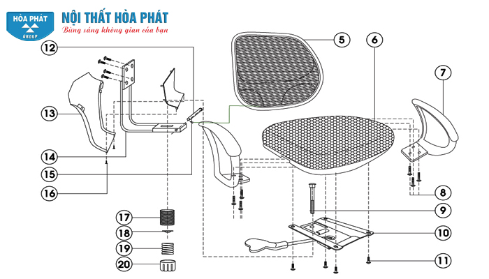 Hướng dẫn lắp đặt ghế lưới Hòa Phát GL101 lắp đặt cụm đệm tựa ghế